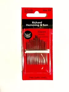 Size 3/9 -- Sharps --- Hand Sewing Needles -- 20/pack --- Richard Hemming & Son® - Picture 1 of 1