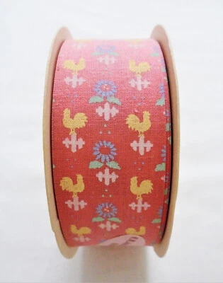 Vintage United Cut Pink Weathervane Rooster Flower Fabric Spool Ribbon #9  7ft - Image 1 of 4