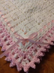 Handmade NEW crochet baby blanket White w/Pink trim & ribbon Afghan Sweet Dreams - Picture 1 of 8