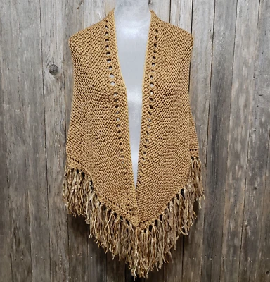 NEW Tan Brown Hand Knitted Shawl Wrap Scarf Boho Hippie Gift Coverup Fringe - Image 1 of 4
