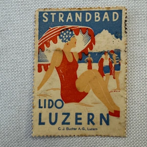 Vintage Travel Stamp Strandbad Lido Luzern Switzerland Swiss Bathing Suit - Picture 1 of 6
