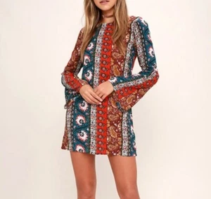 BILLABONG Rainy Roads Mini Dress M Mixed Floral Paisley Colorblock Bell Sleeve - Picture 1 of 10