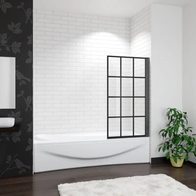 Aica 800x1400mm matt black frame black silk screen Pivot Shower Bath Screen - Image 1 of 4