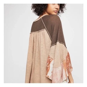 We The Free People Brown Beige Ruffle Sleeve Tunic Top Boho Chic - Picture 1 of 7
