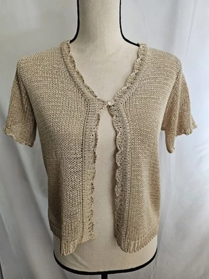 Cardigã Sag Harbor manga curta malha aberta suéter bronzeado feminino tamanho pequeno pequeno - Imagem 1 de 4