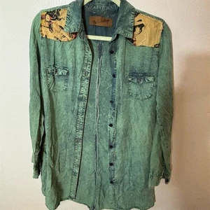 Nu Vintage Women's Western Button-Up Shirt Green Geometric L Long Sleeve - Picture 1 of 7