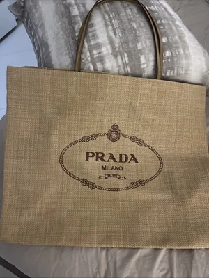 New PRADA Logo Print Raffia Tote Bag Shoulder Tote Leather Natural Beige Size XL - Image 1 of 4