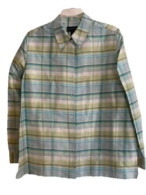 Blusa Top Charter Club Para Mujer Turquesa A Cuadros Dupioni Seda Pequeña Grande Foto 1 de 4