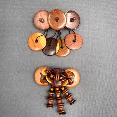 Vintage Hair Barrettes Brown Wooden MCM Boho Hippie Beaded France Retro Lot Of 2 - Image 1 of 4