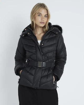 River Island Womens Padded Jacket Black Slim Fit Hooded Button Zip Outerwear Top - Image 1 of 4