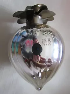 PRETTY VINTAGE SILVER GLASS TEARDROP ORNAMENT WTH METAL FLOWER TOP - EUC - Picture 1 of 7