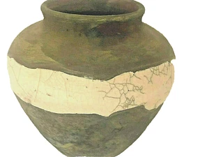 Raku Fired Pottery Vase Crackle Glaze Dark Tone Iridescent Signed Clayton Vtg - Picture 1 of 8