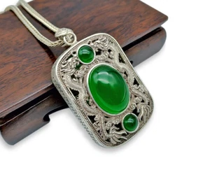 Xizang silver inlaid jasper double dragon pendant - Picture 1 of 4