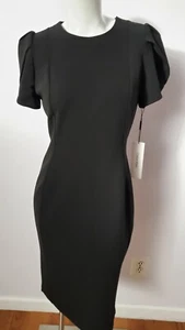 NUEVO VESTIDO VAINA NEGRO MANGA CORTA CON ABERTURA ABULLONADA PLISADA CALVIN KLEIN TALLA 4 - Imagen 1 de 4