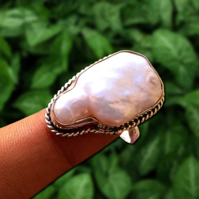 100%天然琵琶珍珠宝石戒指925镀银时尚珠宝美国尺寸9.5 — 第 1/4 张图片