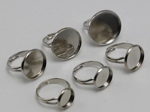 10 Silver Tone Brass Adjustable Ring With Round Blank Cabochon Setting 10mm-20mm - Picture 1 of 12