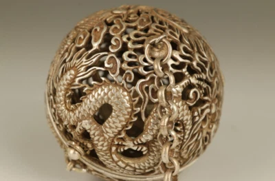 Old Tibet Silver Copper Hand Carved Dragon Phoenix Statue Incense Burner Buddha - Image 1 of 4