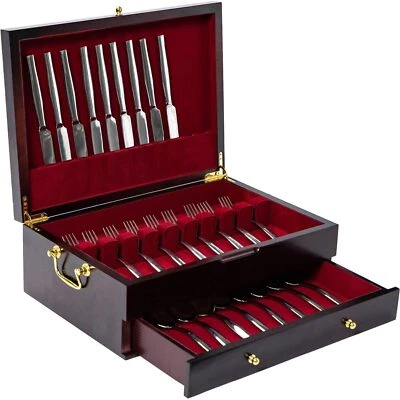 	GENRICE Wooden Silverware Chest Double-Layer Felt Lined 12-16 Sets of Utensils	 - Image 1 of 4