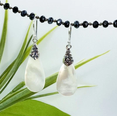 泪珠珍珠母贝壳 925 纯银手工耳环全新设计! — 第 1/4 张图片