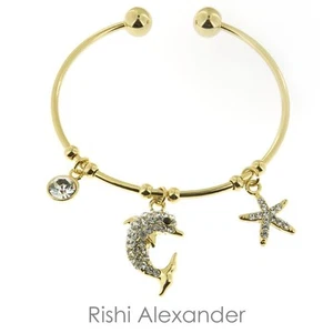 18k Gold Filled CZ Dolphin and Starfish Nautical Cuff Bracelet - Picture 1 of 3