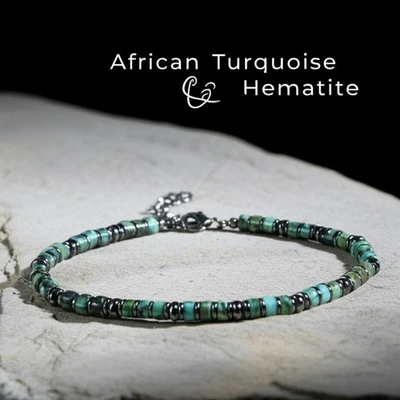 African Turquoise & Hematite Stone Bracelet Green Gemstone Healing Men Bracelet - Image 1 of 3