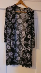 One A Semi Sheer Black &White Floral 3/4 Length Sweater Small - Picture 1 of 6