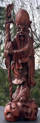 Boneco antigo chinês God of Longevity Shou Lao Shouxing grande esculpido em madeira 17"" - Imagem 1 de 4