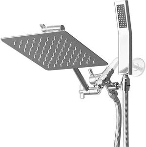 Chrome 8 In All Metal Rainfall Shower Head With Handheld Combo Extension Arm - Picture 1 of 8