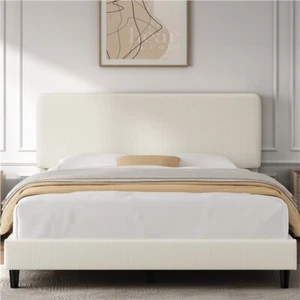 Upholstered Full/Queen Bed Frame w/ Height Adjustable Headboard, Chenille Fabric - Picture 1 of 16