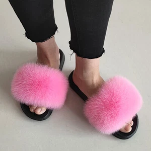 Women's Slides Real Fox Fur Slippers Summer Beach Holiday Sandals Furry Shoes - Picture 1 of 2