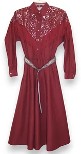 Vintage Lilia Smitty Smith Western Dress Size 9/10 Maroon Silver Fringe Cowgirl - Picture 1 of 10
