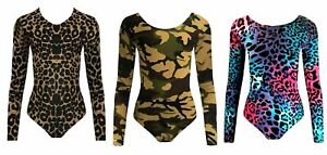 Girls Kids Leopard Print Long Sleeve Dance Leotard Bodysuit Top Age 3-13 Years