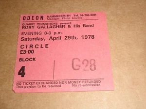 Rory Gallagher 1978 Odeon Hammersmith, London Concert Ticket - Imagen 1 de 1