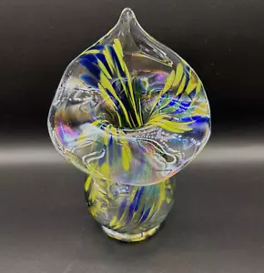 Jarrón de vidrio artístico azul y amarillo soplado a mano 'Jack in the Pulpit' 12 cm H - Imagen 1 de 11