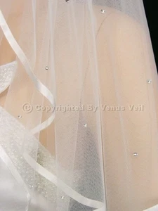 Velo de boda 2T blanco longitud codo de novia 1/4" borde cinta satinada 40 pedrería - Imagen 1 de 5