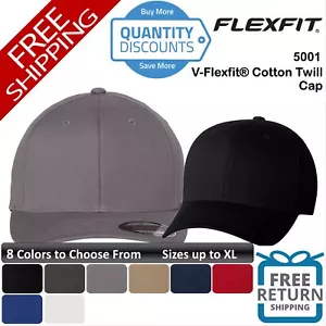 Flexfit Men V-flexfit Cotton Twill Cap Hat Six-panel, Mid-profile Up To XL 5001 - Picture 1 of 25