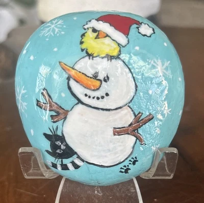 Roca pintada a mano "Pájaro muñeco de nieve y gato" coleccionable decoración de jardín arte regalo Foto 1 de 4