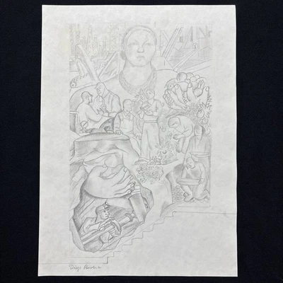 Diego Rivera dibujo sobre papel antiguo firmado estampado vintage Foto 1 de 2