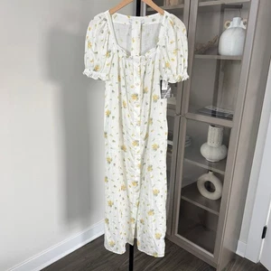 Sleeper Brigitte Linen White Yellow Floral Midi Dress XS NEW Mimosa Puff Sleeve - Picture 1 of 7