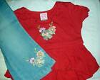 NEW LIPSTIK Red Flower Embroidery Swing Top Denim Pants 2pc Set 18/24M TWINS