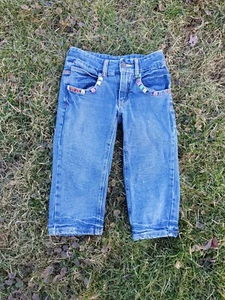 Y2K MARY-KATE and ASHLEY girls Blue Denim EMBROIDERED Jean CAPRI CROP PANTS 7 - Picture 1 of 6