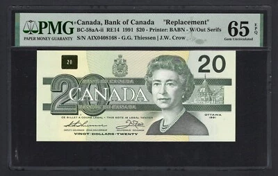 Canada 20 Dollars 1991 BC-58aA-ii "Replacement" Uncirculated Grade 65 - Image 1 of 2