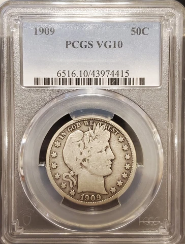 1909 P  Barber Half Dollar  PCGS  VG10   Problem Free  Low Mintage Free Shipping Cover