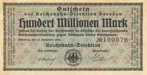 Reichsbahn Dirección Dresde - 100 millones de marcos - MGG S1177 - Imagen 1 de 2