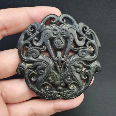 Antiguo colgante amuleto de piedra negra verde oscuro piedra de jade tallada a mano cuentas grandes Foto 1 de 4