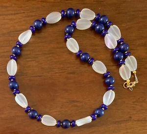 20" Lapis Lazuli and Frosted Oval Glass Beaded Necklace - Picture 1 of 3