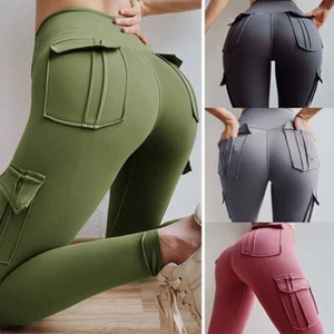 Ladies Cargo Yoga Leggings Tummy High Waist Control Workout Pants With 4 Pockets - Picture 1 of 10
