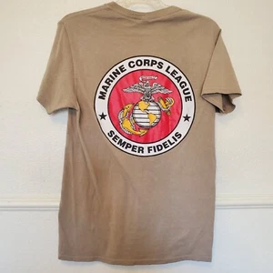 US Marine Corps T-Shirt Semper Fidelis Cream Front And Back Print Seal Sz Small - Picture 1 of 12