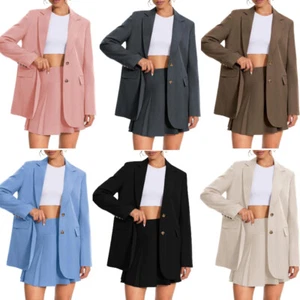 Women's 2 Piece Skirt Sets Business Casual Blazer Suit Pleated Skorts Button - Picture 1 of 43