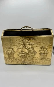 Vintage Brass Wood Embossed Hammered Magazine Rack Stand 3-Ships 1960s - Picture 1 of 4